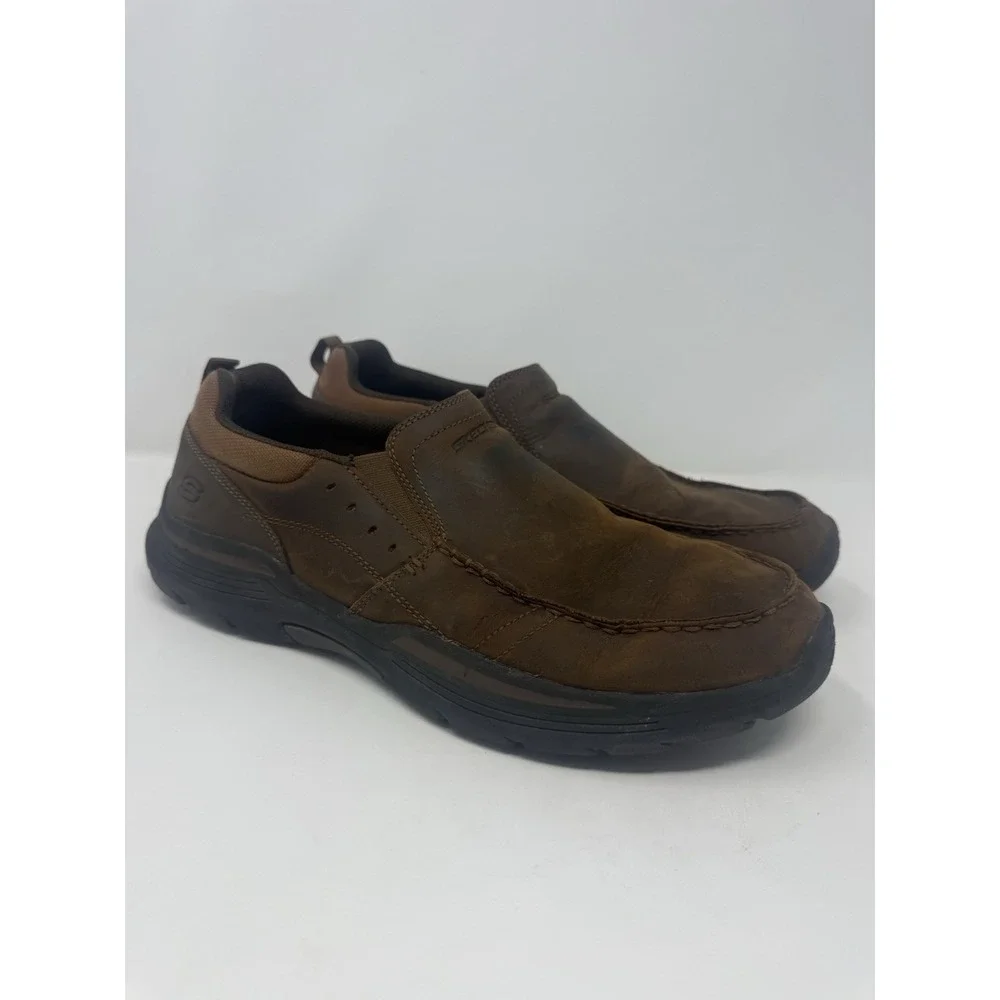 Skechers Mens Expended Seveno Shoes Sz 12 Brown Leather Slip On Casual Loafers